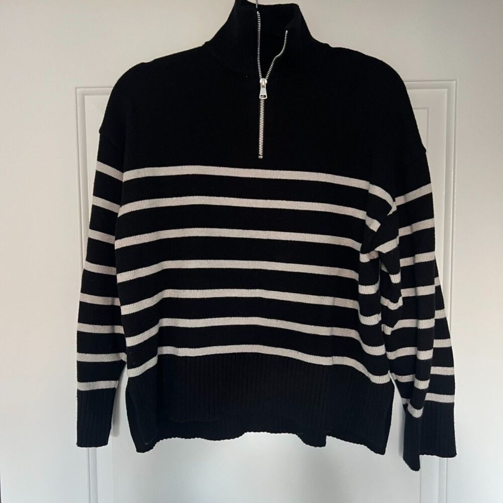 Zara Black White Striped Quarter Zip Sweater Mock Neck Knit Pullover